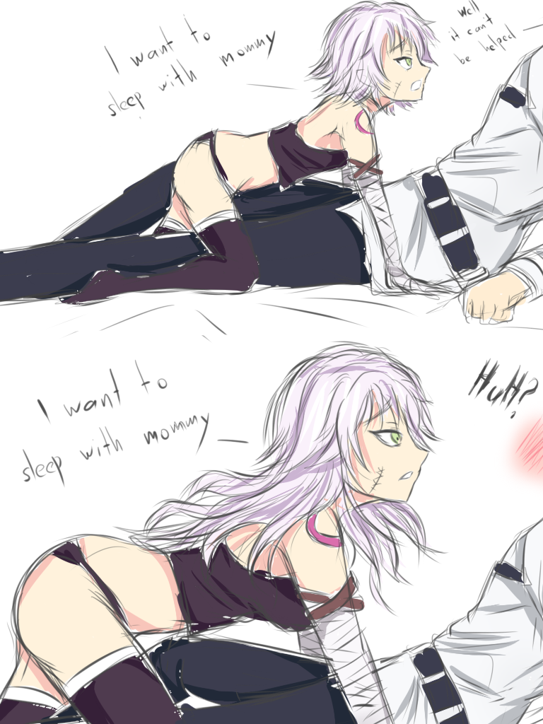 1girl age_progression arm_wrap band-width breasts comic english facial_scar fate/grand_order fate_(series) fujimaru_ritsuka_(male) green_eyes hand_wraps head_out_of_frame jack_the_ripper_(fate/apocrypha) large_breasts long_hair older panties purple_legwear purple_panties scar scar_on_cheek short_hair shoulder_tattoo silver_hair sketch straddling tattoo thighhighs underwear