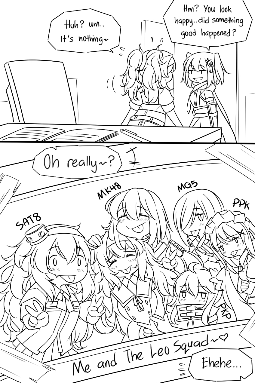 :p bangs chair comic commentary crossover desk finger_gun gambier_bay_(kantai_collection) girls_frontline greyscale guin_guin hand_on_another's_head highres kantai_collection mg5_(girls_frontline) mk48_(girls_frontline) monochrome photo_(object) pkp_(girls_frontline) ppk_(girls_frontline) s.a.t.8_(girls_frontline) sendai_(kantai_collection) smile tongue tongue_out v