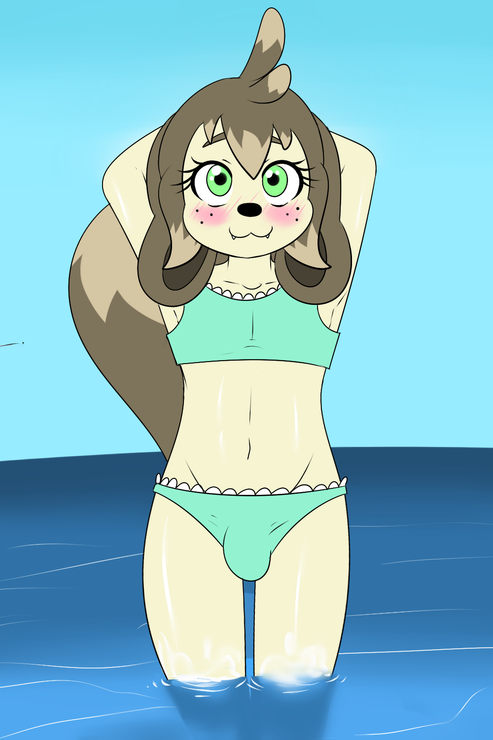 anthro big_eyes bikini black_nose blush bra brown_hair bulge canine clothed clothing collarbone crossdressing cute day detailed_background dipstick_tail dog eyeshadow fangs front_view girly green_eyes hair hands_behind_back hands_behind_head happy looking_at_viewer makeup male mammal mascara multicolored_tail navel outside panties partially_submerged percey percey_(character) portrait pose raised_tail seascape seaside short_hair skimpy sky smile solo standing swimsuit teal_clothing teal_underwear three-quarter_portrait underwear water