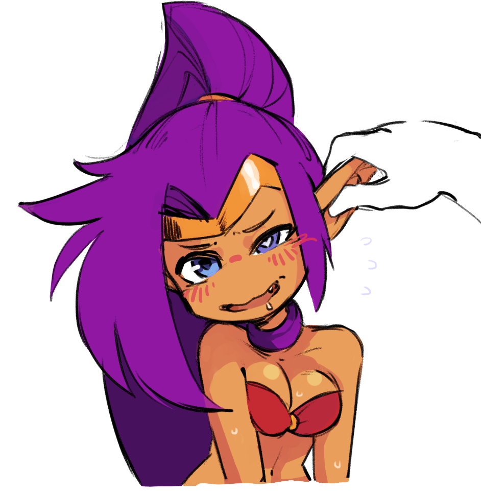 blue_eyes borvar breasts cleavage commentary dark_skin drooling eargasm english_commentary fang flying_sweatdrops heart heart-shaped_pupils long_hair md5_mismatch pointy_ears ponytail purple_hair rubbing shantae_(character) shantae_(series) solo_focus symbol-shaped_pupils tiara very_long_hair