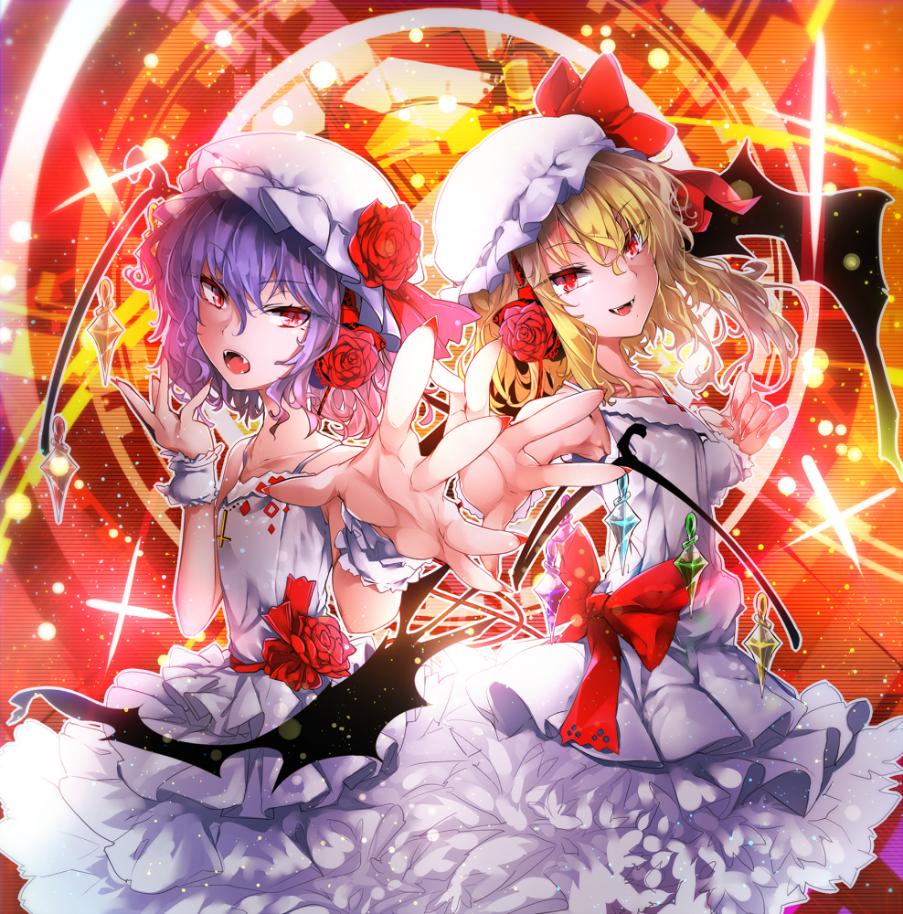 bat_wings blonde_hair commentary_request dress eyebrows_visible_through_hair fangs flandre_scarlet flower hat hat_flower kazetto looking_at_viewer mob_cap multiple_girls outstretched_arm purple_hair red_eyes remilia_scarlet siblings side_ponytail sisters touhou white_dress wings
