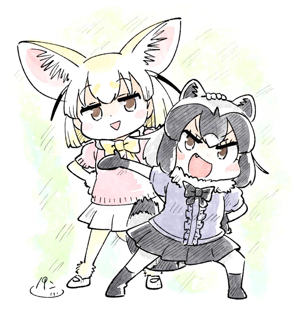 :d animal_ears black_hair black_neckwear black_skirt blonde_hair blush_stickers bow bowtie brown_eyes center_frills chibi commentary common_raccoon_(kemono_friends) extra_ears eyebrows_visible_through_hair fang fennec_(kemono_friends) fox_ears full_body fur_collar grey_hair hand_on_another's_head kemono_friends looking_at_viewer multicolored_hair multiple_girls open_mouth outstretched_arm panzuban pleated_skirt raccoon_ears raccoon_tail short_hair simple_background skirt smile tail triangle_mouth two-tone_hair white_skirt yellow_neckwear
