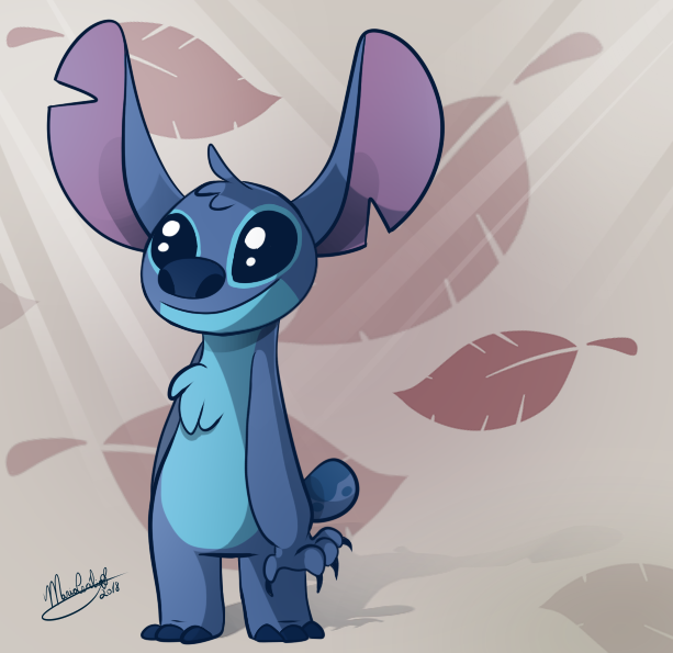 2018 3_toes 4_fingers alien alternate_form blue_claws blue_eyes blue_fur blue_nose chest_tuft claws digital_drawing_(artwork) digital_media_(artwork) disney experiment_(species) fur head_tuft leaves lilo_and_stitch loveponies244 markings notched_ear signature simple_background small_tail smile solo standing stitch tail_markings toes tuft