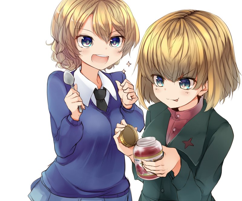 :d :p amai_nekuta bangs black_neckwear blonde_hair blue_eyes blue_skirt blue_sweater clenched_hands closed_mouth commentary_request darjeeling dress_shirt emblem excited eyebrows_visible_through_hair fork girls_und_panzer green_jacket holding holding_fork holding_spoon jacket jam jar katyusha long_sleeves looking_at_another miniskirt multiple_girls necktie open_mouth pleated_skirt pravda_school_uniform red_shirt school_uniform shirt short_hair simple_background skirt smile sparkle spoon st._gloriana's_school_uniform standing sweater tied_hair tongue tongue_out turtleneck v-neck v-shaped_eyebrows white_background white_shirt wing_collar
