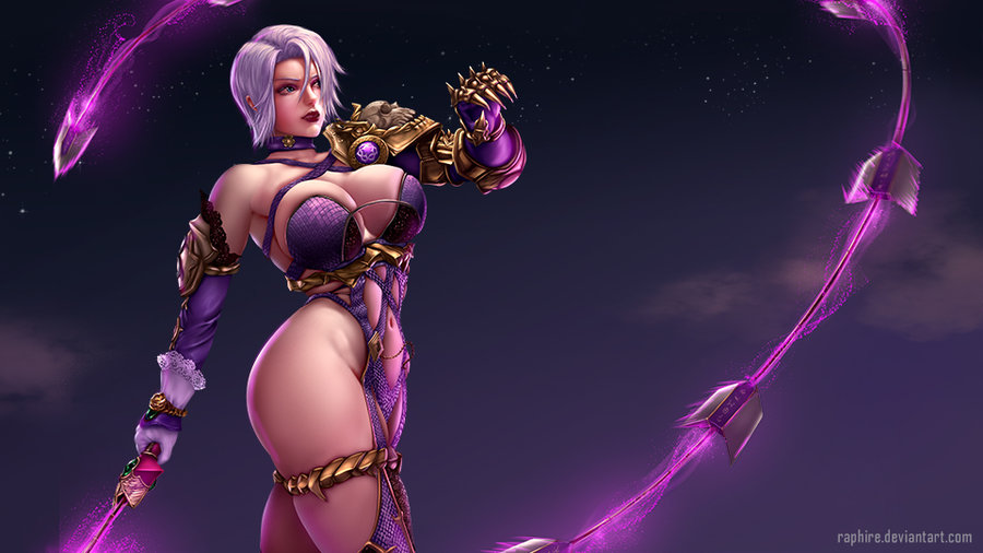 bare_shoulders breasts cleavage commentary english_commentary gauntlets glowing glowing_weapon hair_over_one_eye isabella_valentine large_breasts lipstick makeup pauldrons pinup purple_legwear raphire revealing_clothes short_hair sideboob silver_hair single_gauntlet soulcalibur sword thighs underboob weapon whip whip_sword white_hair