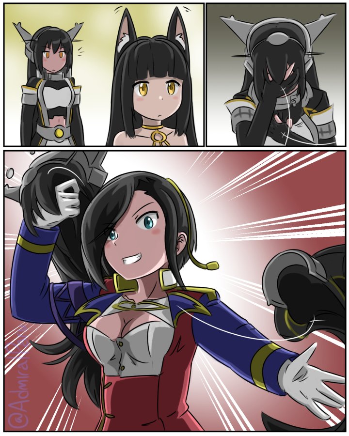 admiral_paru animal_ears ark_royal_(azur_lane) artist_name azur_lane bangs black_hair blue_eyes breasts cleavage comic commentary_request cosplay crossover disguise elbow_gloves eyebrows_visible_through_hair fingerless_gloves fox_ears gloves hair_ornament hair_over_one_eye kantai_collection long_hair multiple_girls nagato_(azur_lane) nagato_(kantai_collection) nagato_(kantai_collection)_(cosplay) namesake remodel_(kantai_collection) short_hair