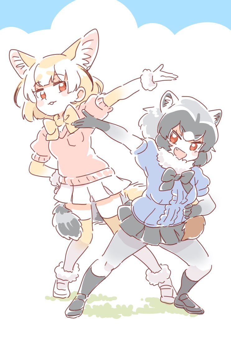 :3 :d animal_ears arm_up black_footwear black_gloves black_hair black_neckwear black_skirt blonde_hair bow bowtie breast_pocket brown_eyes cloud commentary_request common_raccoon_(kemono_friends) day extra_ears eyebrows_visible_through_hair fang fennec_(kemono_friends) fox_ears fox_tail fur_collar fur_trim gloves green_hat hand_on_hip hat kemono_friends miniskirt mitsumoto_jouji multiple_girls open_mouth outdoors pantyhose pleated_skirt pocket raccoon_ears raccoon_tail short_sleeves skirt sky smile tail tail_wrap thighhighs white_footwear white_gloves white_legwear white_skirt yellow_legwear yellow_neckwear zettai_ryouiki