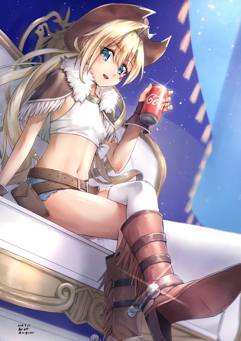 bangs belt belt_pouch blonde_hair blue_eyes blush boots breasts brown_footwear brown_hat can capelet coca-cola colt_m1873_(girls_frontline) commentary_request couch cowboy_boots cowboy_hat crop_top crossed_legs dated denim denim_shorts eyebrows_visible_through_hair facial_mark fingerless_gloves fur_trim girls_frontline gloves hat holding long_hair looking_at_viewer midriff navel open_mouth pouch sarasa_(kanbi) sheriff_badge shorts single_thighhigh sitting small_breasts smile soda_can solo sparkle spurs star thighhighs twintails twitter_username white_legwear