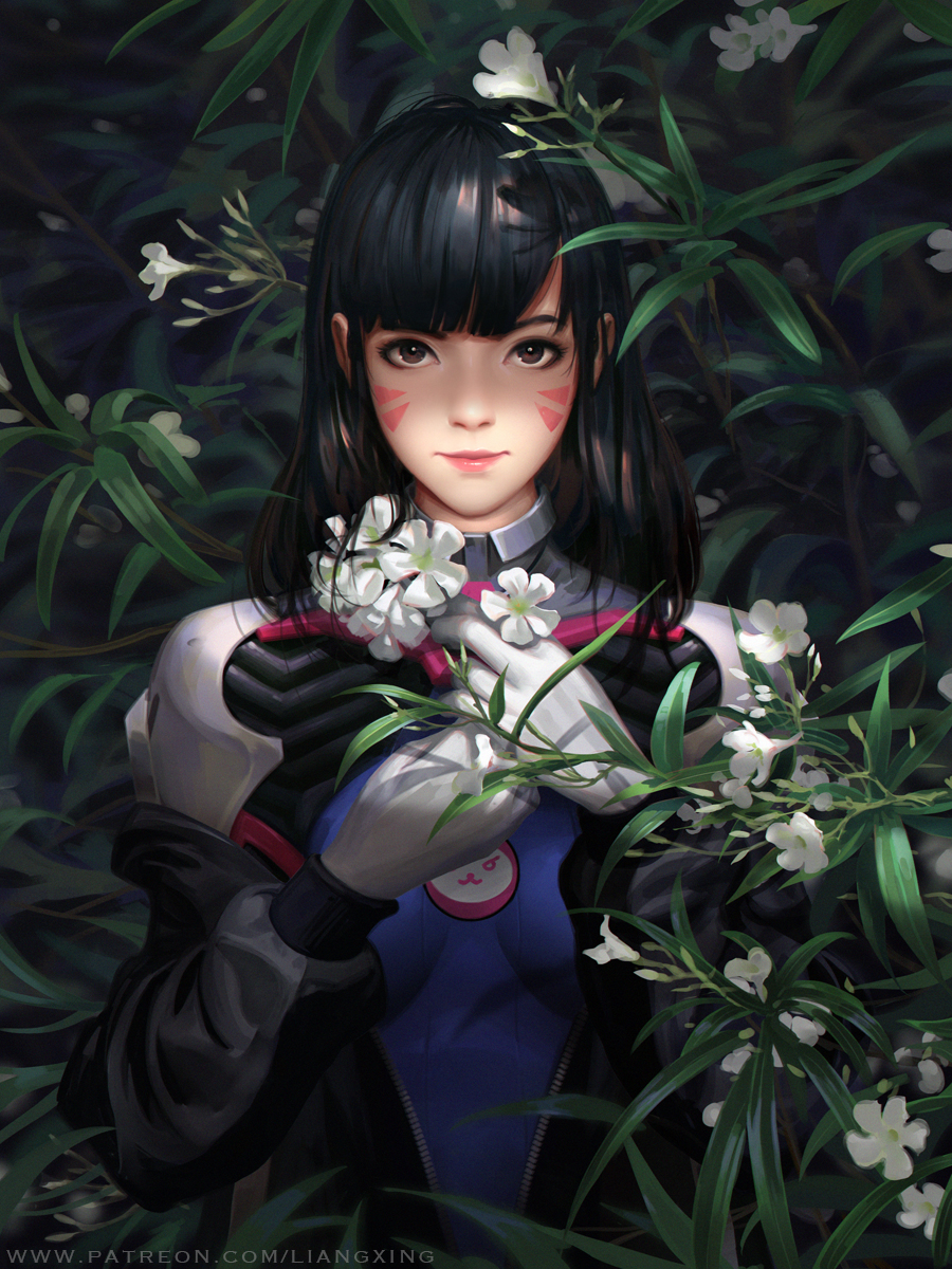 bangs black_hair blue_bodysuit blunt_bangs bodysuit brown_eyes d.va_(overwatch) facepaint facial_mark flower gloves hands_together highres jacket liang_xing light_smile lipstick long_hair long_sleeves looking_at_viewer makeup mascara off_shoulder open_clothes open_jacket overwatch patreon_username pilot_suit pink_lipstick plant plumeria ribbed_bodysuit solo upper_body w_arms watermark web_address whisker_markings