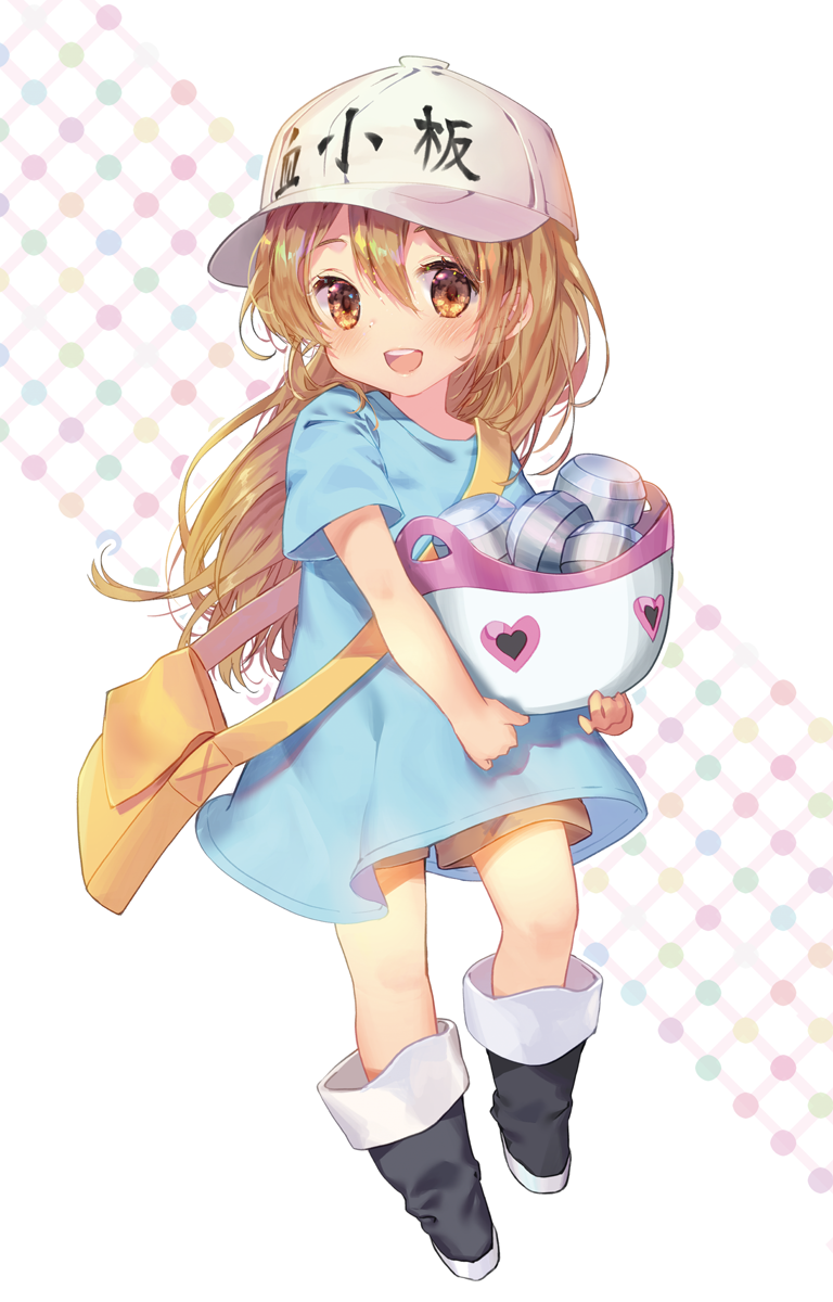 :d bag bangs black_footwear blue_shirt blush boots brown_eyes brown_hair brown_shorts character_name clothes_writing commentary_request flat_cap full_body hair_between_eyes hat hataraku_saibou heart highres holding long_hair looking_at_viewer mintchoco_(orange_shabette) open_mouth platelet_(hataraku_saibou) round_teeth shirt short_shorts short_sleeves shorts shoulder_bag smile solo teeth upper_teeth very_long_hair white_hat