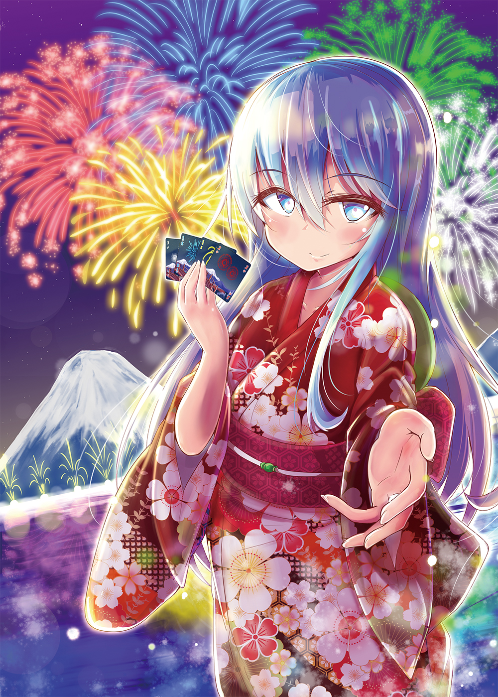 aerial_fireworks alternate_costume card commentary cover cover_page eyebrows_visible_through_hair eyes_visible_through_hair fireworks floral_print hair_between_eyes hibiki_(kantai_collection) highres holding holding_card japanese_clothes kantai_collection kimono long_hair mountain nyonyonba_tarou obi outstretched_hand playing_card red_kimono sash silver_hair solo yukata