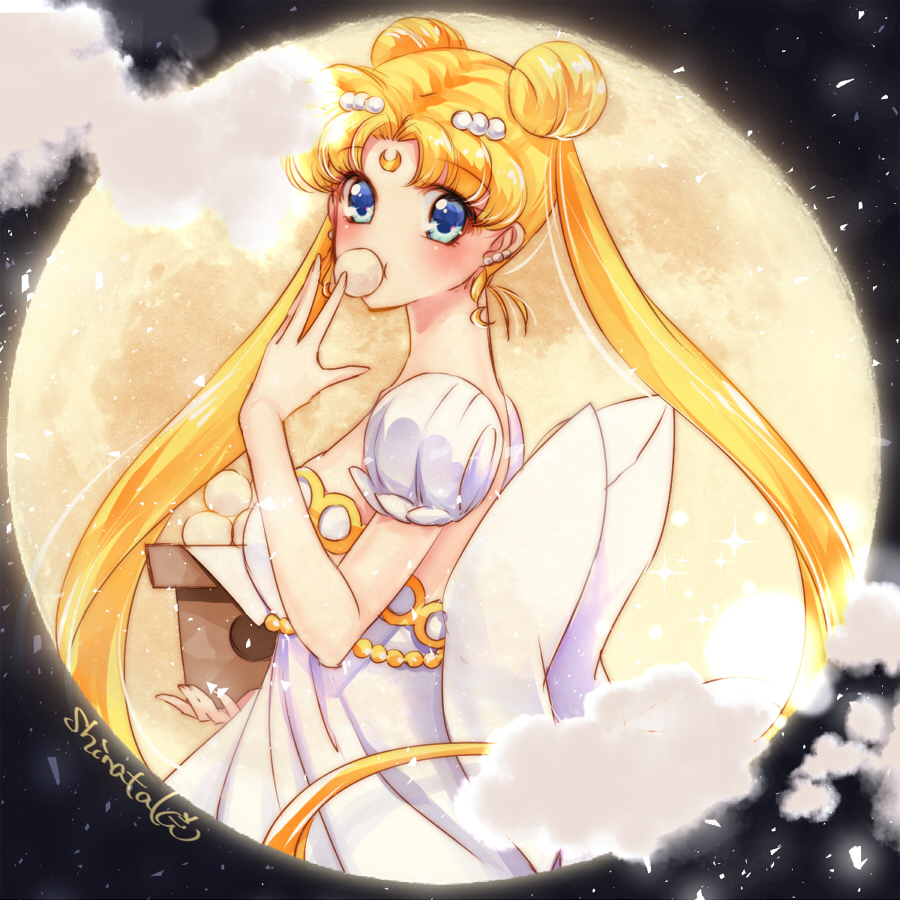 90s back_bow backlighting bangs bishoujo_senshi_sailor_moon blonde_hair blue_eyes blush bow cloud cloudy_sky commentary_request crescent double_bun dress earrings eating facial_mark food forehead_mark from_side full_moon gold_trim hair_ornament hair_strand hairpin huge_bow jewelry long_hair looking_at_viewer looking_to_the_side magical_girl moon moonlight nape night night_sky no_nose parted_bangs princess_serenity puffy_short_sleeves puffy_sleeves shirataki_kaiseki short_sleeves signature sky solo tsukino_usagi twintails very_long_hair white_bow white_dress yellow_moon