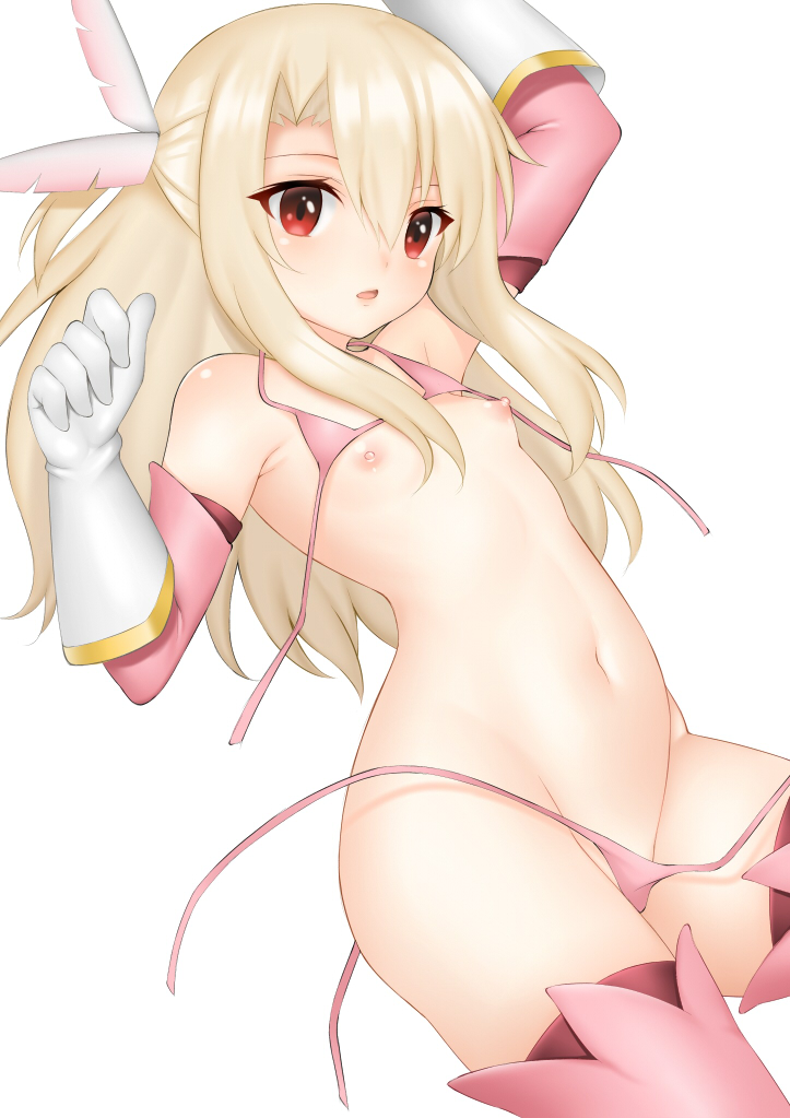 bangs bikini blonde_hair blush breasts collarbone commentary_request elbow_gloves fate/kaleid_liner_prisma_illya fate_(series) feathers gloves hair_feathers hips illyasviel_von_einzbern long_hair looking_at_viewer micro_bikini navel nipples open_mouth parted_lips pink_bikini pink_legwear prisma_illya red_eyes side-tie_bikini simple_background small_breasts solo swimsuit thighs toshishikisai untied untied_bikini white_background white_gloves