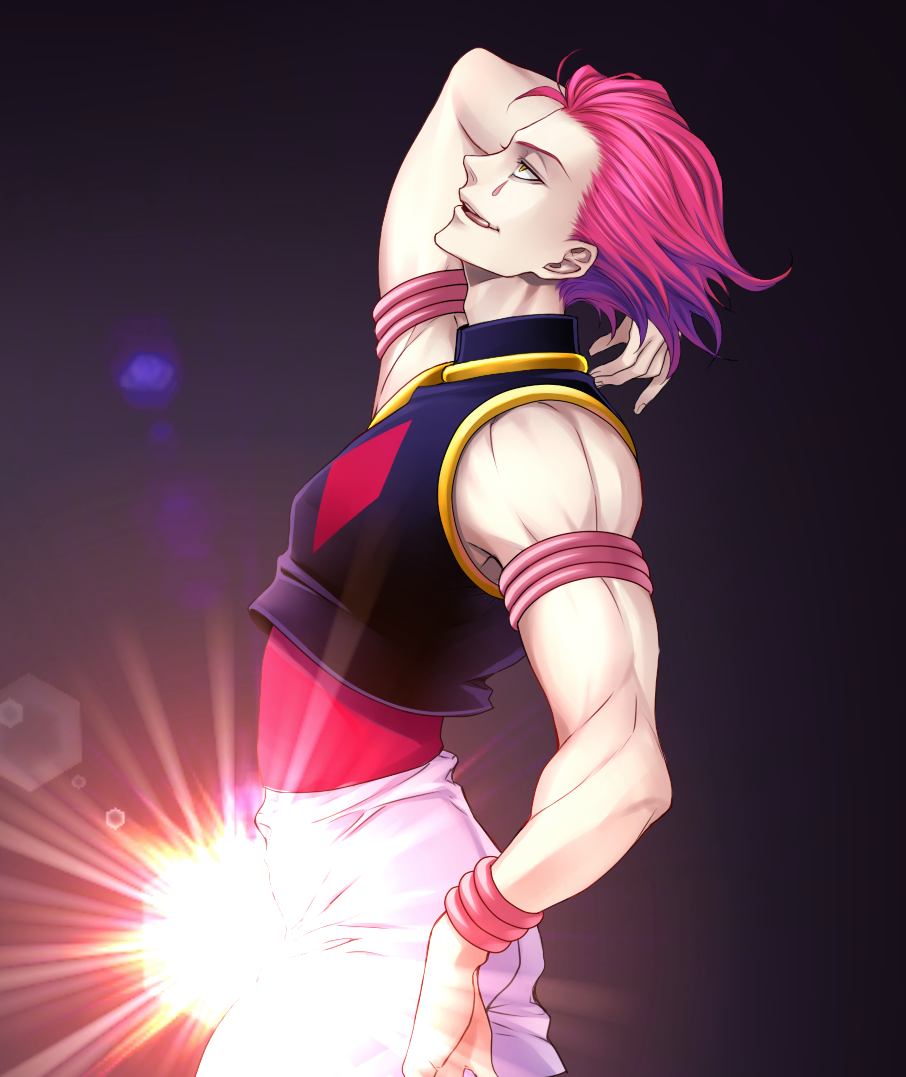 :q arm_strap arm_up bracelet brown_eyes chimachi from_side hisoka_(hunter_x_hunter) hunter_x_hunter jewelry leaning_back looking_up male_focus pants pink_hair short_hair sleeveless solo tongue tongue_out white_pants