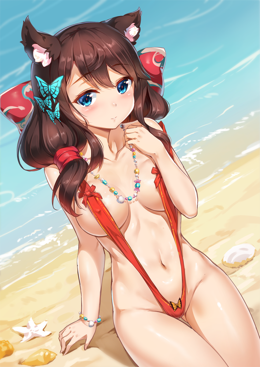 animal_ears azur_lane bangs bare_shoulders beach bead_bracelet bead_necklace beads blue_eyes blush bow bracelet breasts brown_hair butterfly_hair_ornament cat_ears closed_mouth collarbone covered_nipples fusou_(azur_lane) hair_between_eyes hair_bow hair_ornament hair_over_shoulder highres hips jewelry large_breasts long_hair looking_at_viewer miazi navel necklace red_bow red_swimsuit side_ponytail sitting slingshot_swimsuit smile solo swimsuit thighs