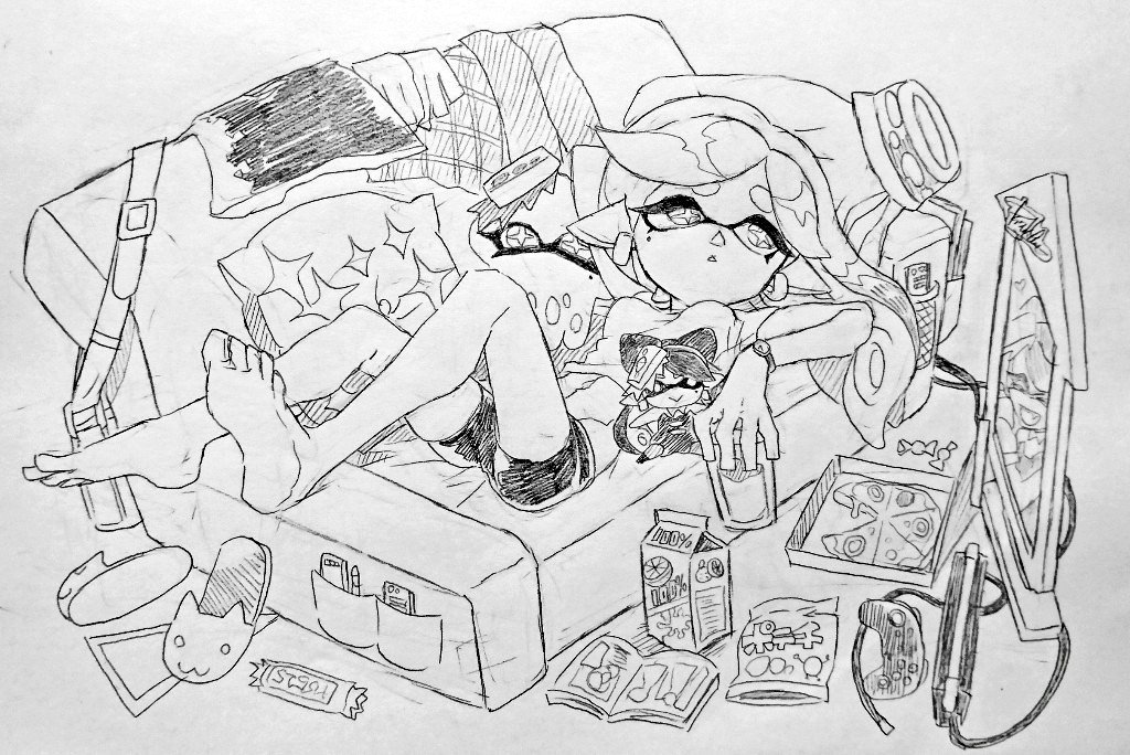bare_legs black_shorts carton commentary_request controller couch cup domino_mask earrings food game_controller hair_down headwear_removed hotaru_(splatoon) jewelry mask mole mole_under_eye monochrome navel nintendo_switch nintendo_switch_dock open_mouth pillow pizza pizza_box pointy_ears shorts slippers_removed splatoon_(series) stomach television tentacle_hair traditional_media watch yuuki_(zeicomi100yen)