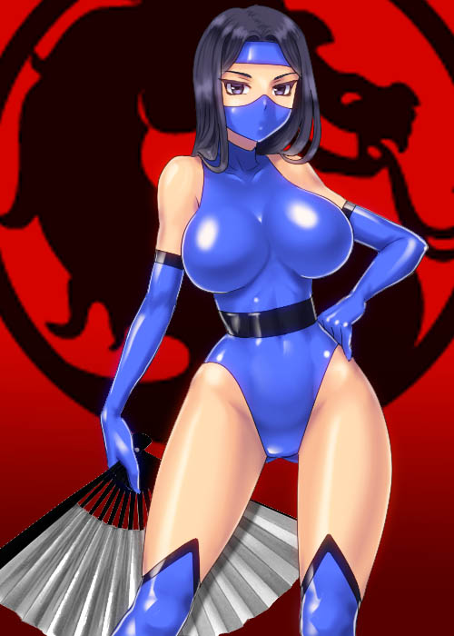 ass_visible_through_thighs black_hair blue_legwear blue_leotard boots breasts collarbone commentary_request earrings elbow_gloves face_mask fan folding_fan gloves grey_eyes headband jewelry kitana large_breasts leotard long_hair looking_at_viewer maboroshi_dandy mask mortal_kombat ninja red_background sash solo standing thigh_boots thighhighs