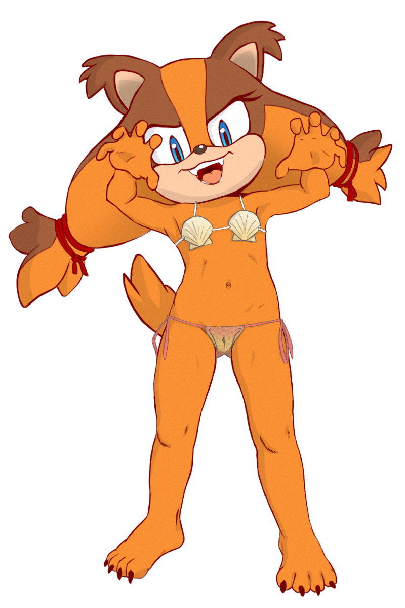 alpha_channel anthro bikini blue_eyes claws clothed clothing cub eyelashes fangs female flat_chested fur hairband hi_res jetfrozen jungle_badger looking_at_viewer navel open_mouth pose sharp_teeth simple_background solo sonic_(series) sonic_boom standing sticks_the_jungle_badger swimsuit teeth toe_claws transparent_background young