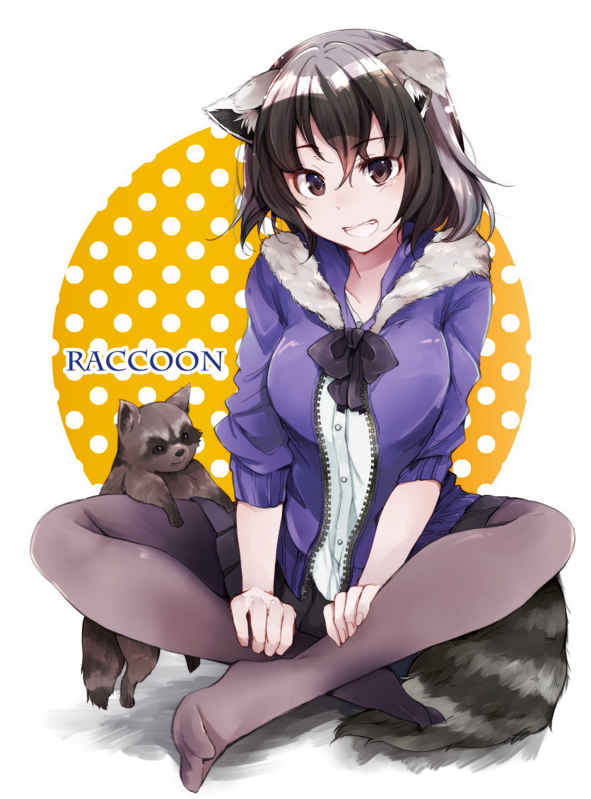 adapted_costume animal_ear_fluff animal_ears blush bow bowtie brown_hair commentary_request common_raccoon_(kemono_friends) crossed_legs eyebrows_visible_through_hair fang fur_trim grey_hair hands_on_lap hood hoodie kemono_friends long_sleeves multicolored_hair nanana_(nanana_iz) no_shoes open_mouth pantyhose pleated_skirt raccoon raccoon_ears raccoon_tail short_hair sitting skirt solo tail zipper