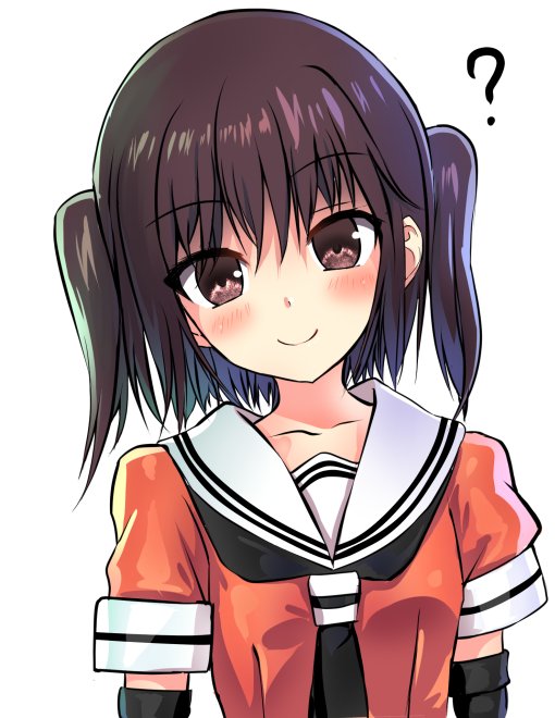 ? black_gloves black_hair black_neckwear brown_eyes commentary_request elbow_gloves gloves kantai_collection looking_at_viewer neckerchief orange_serafuku orange_shirt sailor_collar school_uniform sendai_(kantai_collection) serafuku shirt simple_background smile solo tooi_aoiro two_side_up white_background white_sailor_collar