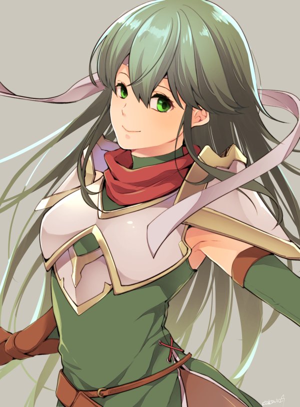 1girl ataka_takeru breastplate closed_mouth elbow_gloves fire_emblem fire_emblem:_monshou_no_nazo gloves green_eyes green_gloves green_hair grey_background headband long_hair nintendo paola shoulder_armor simple_background smile solo upper_body white_headband