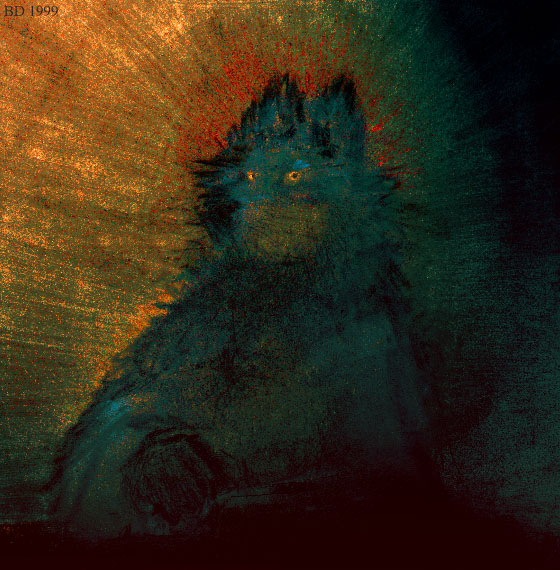 1999 ambiguous_gender anthro bd black_background black_nose blue_fur canine colorful dark fur mammal pastel_(artwork) simple_background slightly_chubby solo traditional_media_(artwork) wolf yellow_background yellow_eyes