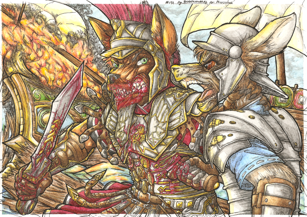 angry armor battle better_version_at_source blood canine centurion destruction detailed_background dog duo fire game_(disambiguation) gladius green_eyes hammer helmet imminent_death lagomorph male mammal medals melee_weapon military officer pharsalus_(character) polearm rabbit roman rome scratchmarksart_(artist) shield ship soldier spear sword tools traditional_media_(artwork) trireme vehicle video_games war warfare warrior weapon