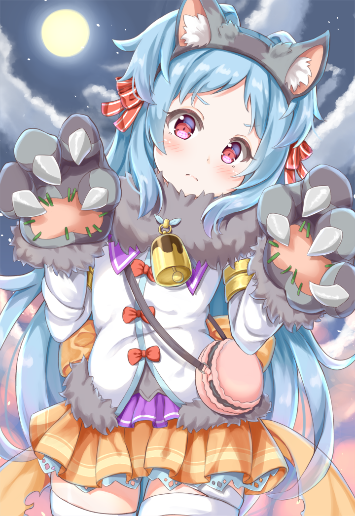 &gt;:( animal_ear_fluff animal_ears bag bangs bell black_hairband blue_hair blush bow closed_mouth cloud cloudy_sky commentary_request fake_animal_ears food_themed_bag full_moon fur_collar gloves hair_bow hair_intakes hairband halloween hands_up head_tilt izumo_miyako keiran_(ryo170) long_hair looking_at_viewer moon night night_sky orange_skirt outdoors parted_bangs paw_gloves paws pleated_skirt princess_connect! princess_connect!_re:dive red_bow red_eyes shirt shoulder_bag skirt sky solo thighhighs v-shaped_eyebrows very_long_hair white_legwear white_shirt wolf_ears