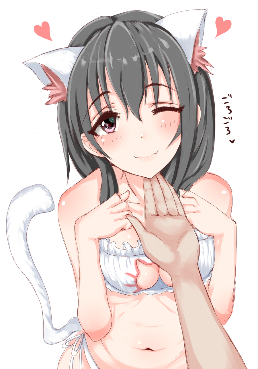 ;) animal_ear_fluff animal_ears bangs bare_legs bare_shoulders black_hair blush body_blush bra breasts cat_cutout cat_ears cat_lingerie cat_tail chin_tickle cleavage cleavage_cutout collarbone commentary_request eyebrows_visible_through_hair frilled_bra frills fujiwara_hajime hands_on_own_chest hands_up heart heart-shaped_pupils highres idolmaster idolmaster_cinderella_girls kemonomimi_mode long_hair medium_breasts meme_attire navel one_eye_closed panties pink_lips pov pov_hands purple_eyes ribbon shirushiru_(saitou888) side-tie_panties simple_background smile solo_focus stomach symbol-shaped_pupils tail translation_request underwear underwear_only upper_body wavy_mouth white_background white_bra white_panties white_ribbon