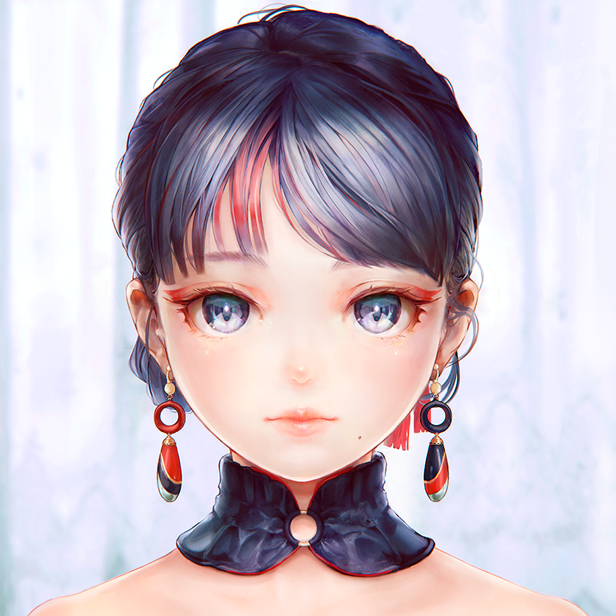 bangs black_hair closed_mouth commentary_request detached_collar earrings grey_eyes jewelry lips makeup mole mole_under_mouth multicolored_hair original red_hair shiny shiny_hair shiny_skin simple_background solo tocope