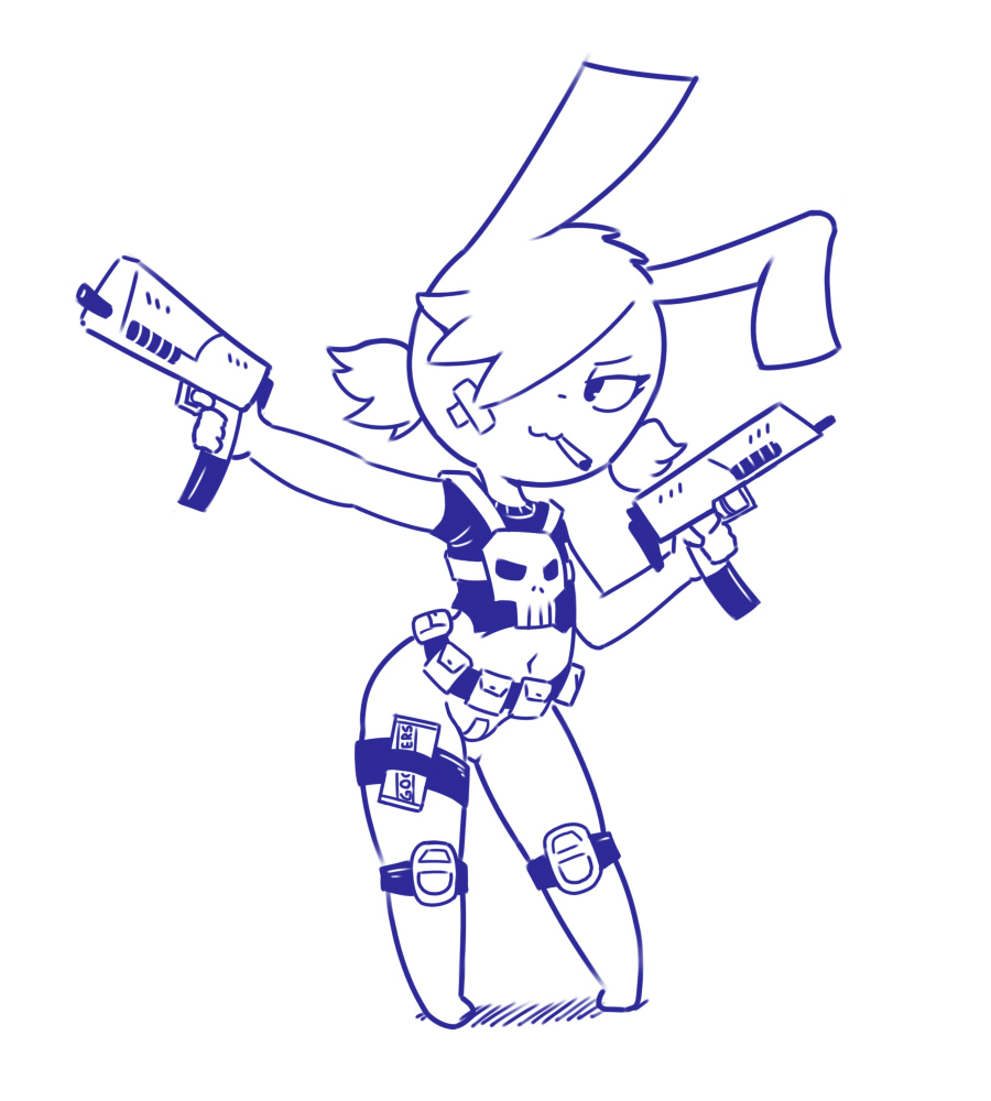 2018 :3 annie_(disambiguation) anthro armor band-aid bandage body_armor bottomless cigarette clothed clothing crop_top digital_media_(artwork) disfigure female flat_chested gun hair hair_over_eye half-closed_eyes lagomorph looking_aside mammal midriff monochrome navel pose pussy_tape rabbit ranged_weapon shirt smoking solo standing submachine_gun weapon