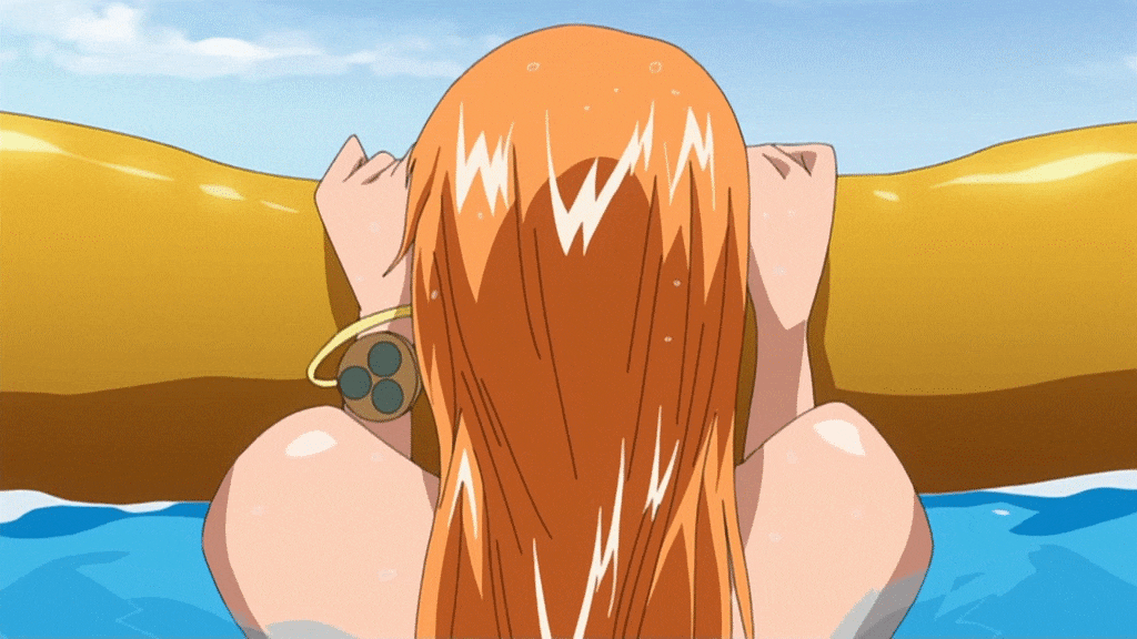 1girl animated animated_gif ass bikini legs_crossed long_hair nami_(one_piece) one_piece orange_hair screencap side-tie_bikini solo swimsuit wet