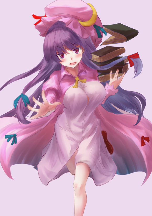 aori_akabane arm_up blush book book_stack bouncing_breasts breasts crescent crescent_hair_ornament double_bun eyebrows_visible_through_hair feet_out_of_frame folded_leg foot_out_of_frame grey_background hair_ornament hair_ribbon hat lavender_dress leg_lift long_hair looking_at_viewer medium_breasts mob_cap open_mouth patchouli_knowledge pink_robe purple_hair reaching_out red_eyes red_footwear ribbon robe running simple_background solo touhou tress_ribbon very_long_hair