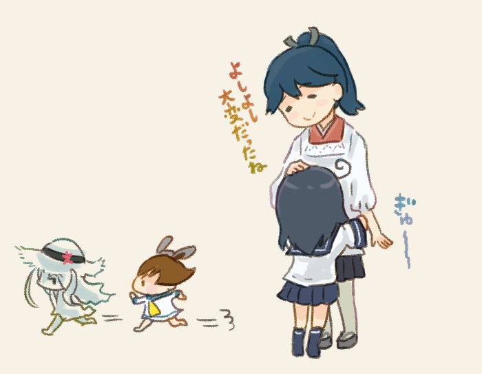 ahoge black_hair brown_hair chasing chibi closed_eyes comic commentary dress fleeing flower hair_ribbon hand_on_another's_head hat hat_flower headgear houshou_(kantai_collection) hug japanese_clothes kantai_collection kappougi kimono long_hair long_sleeves multiple_girls neckerchief otoufu pantyhose pleated_skirt ponytail ribbon sailor_dress school_uniform serafuku shinkaisei-kan skirt smile submarine_new_hime summer_festival sun_hat thighhighs translated ushio_(kantai_collection) yukikaze_(kantai_collection)