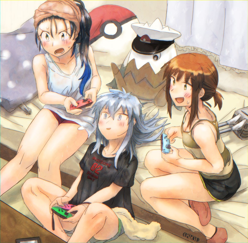 :d alternate_costume bangs bare_legs bare_shoulders bed bed_sheet black_hair black_shirt black_shorts blue_eyes blue_hair breasts brown_hair character_request cleavage clothes_writing collarbone contemporary curtains ergot forehead frills fubuki_(kantai_collection) gen_4_pokemon gradient_hair green_eyes green_shorts hair_between_eyes hat hibiki_(kantai_collection) joy-con kantai_collection knees_together_feet_apart knees_up long_hair low_ponytail messy_hair multicolored_hair multiple_girls neon_genesis_evangelion nintendo_switch non-human_admiral_(kantai_collection) on_bed open_mouth parted_lips peaked_cap pillow playing_games poke_ball poke_ball_(generic) pokemon pokemon_(creature) polka_dot ponytail red_legwear red_shorts seele shirt short_shorts short_sleeves shorts sidelocks smile snover socks striped suzukaze_(kantai_collection) tank_top torpedo towel towel_on_head v-shaped_eyebrows white_hat yellow_eyes