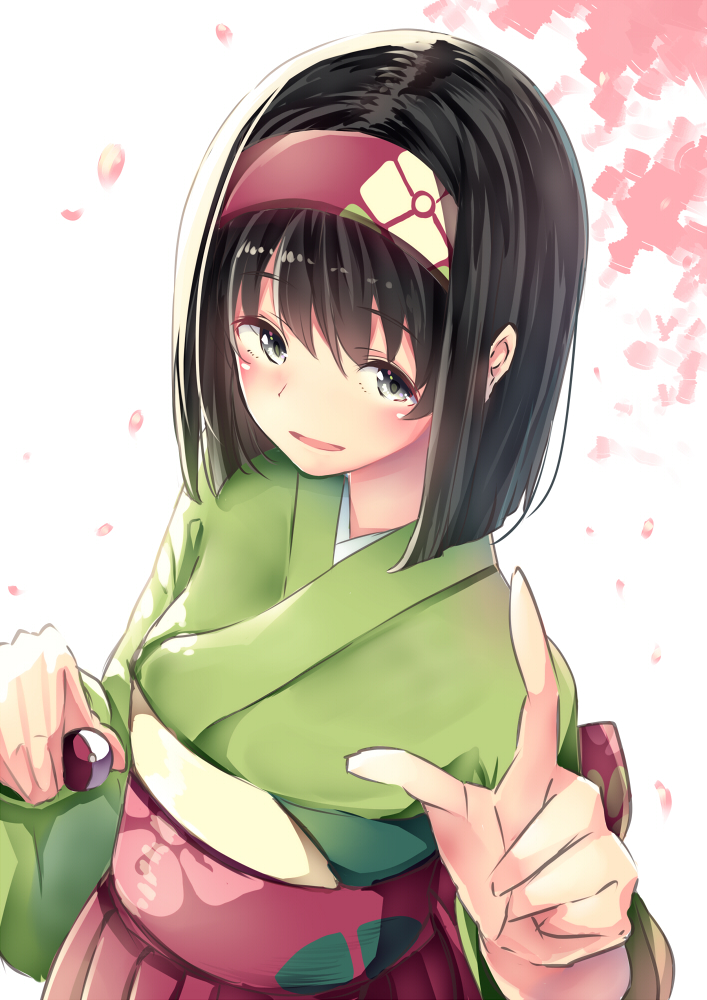 bangs black_hair blush commentary_request e-co erika_(pokemon) from_above green_eyes green_kimono gym_leader hairband hakama holding japanese_clothes kimono looking_at_viewer open_mouth poke_ball pokemon pokemon_(game) pokemon_lgpe short_hair smile solo upper_body