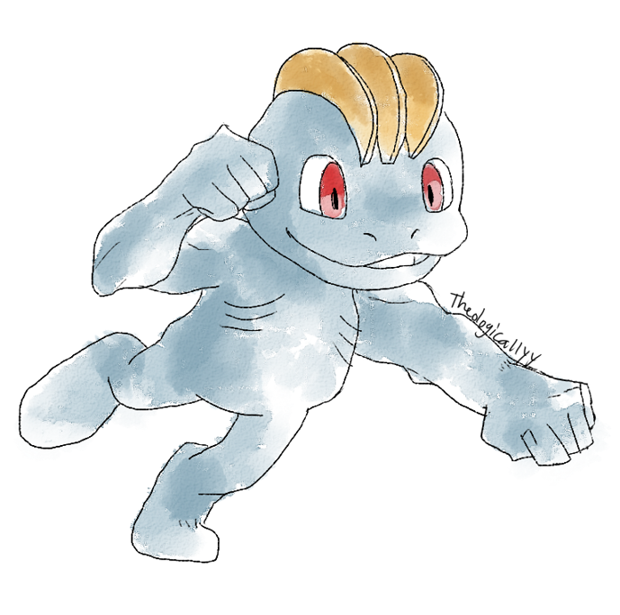 2015 5_fingers action_pose ambiguous_gender artsy-theo attack biped crest digital_drawing_(artwork) digital_media_(artwork) featureless_crotch featureless_feet fist full-length_portrait gills grey_skin humanoid humanoid_hands machop muscular muscular_ambiguous nintendo not_furry nude pok&eacute;mon pok&eacute;mon_(species) portrait pose punching raised_heel red_eyes running signature simple_background smile solo style_parody toony video_games white_background