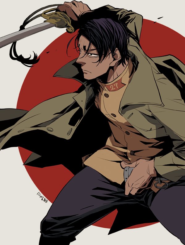 black_hair buttons coat drawing_sword ears golden_kamuy hair_slicked_back holding holding_sheath holding_sword holding_weapon jacket japanese_flag koito_otonoshin lanyard long_sleeves military military_uniform nyarulake pants saber_(weapon) sheath short_hair simple_background solo standing sword trench_coat uniform weapon