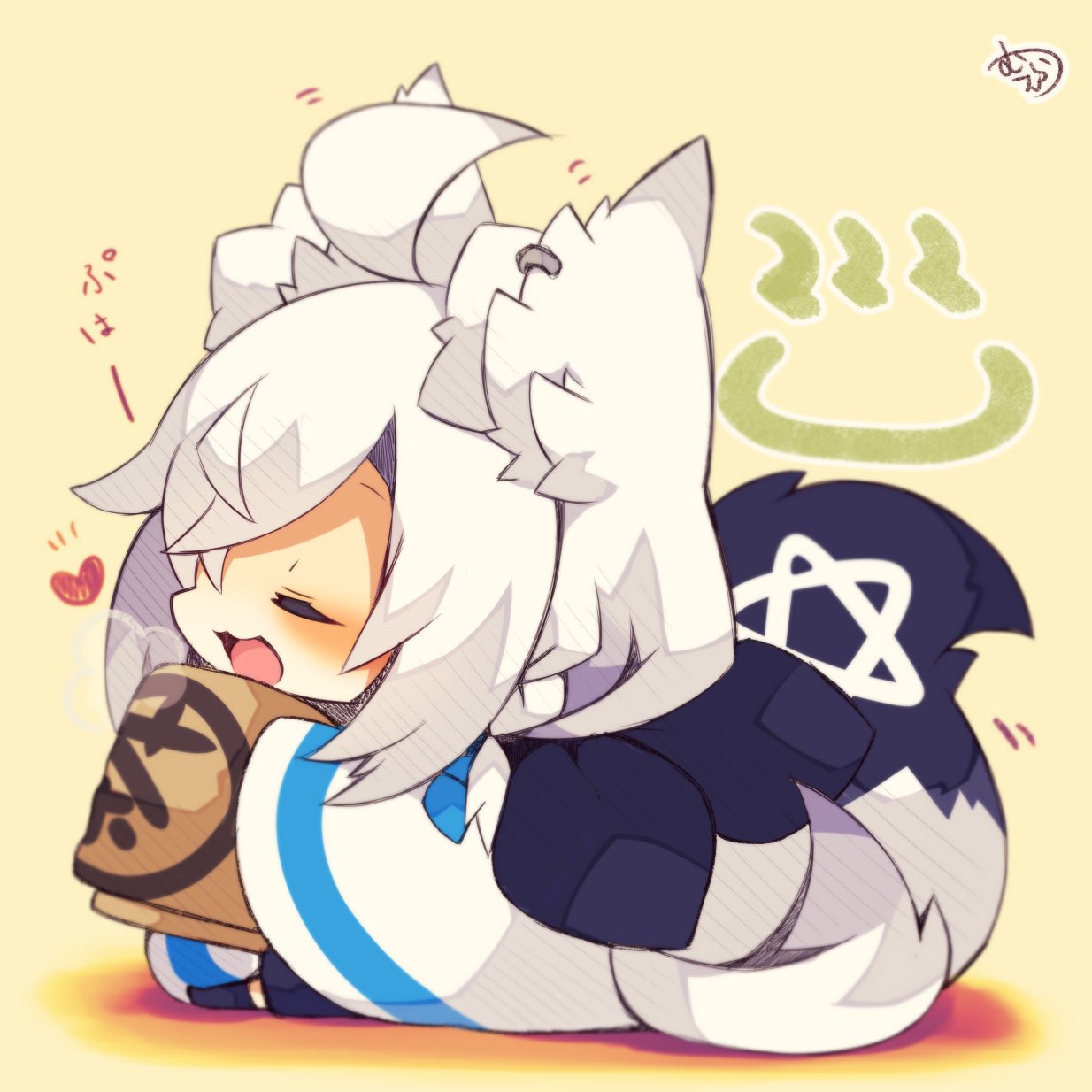 :3 :d ahoge animal_ear_fluff animal_ears blush braid chibi closed_eyes commentary_request fox_ears fox_girl fox_tail full_body hair_over_one_eye hatching_(texture) heart highres holding hololive large_tail long_sleeves motion_lines muuran object_request onsen_symbol open_mouth profile raised_eyebrows sepia shirakami_fubuki side_braid sideways_mouth sitting smile solo steam tail translation_request virtual_youtuber white_hair wide_sleeves