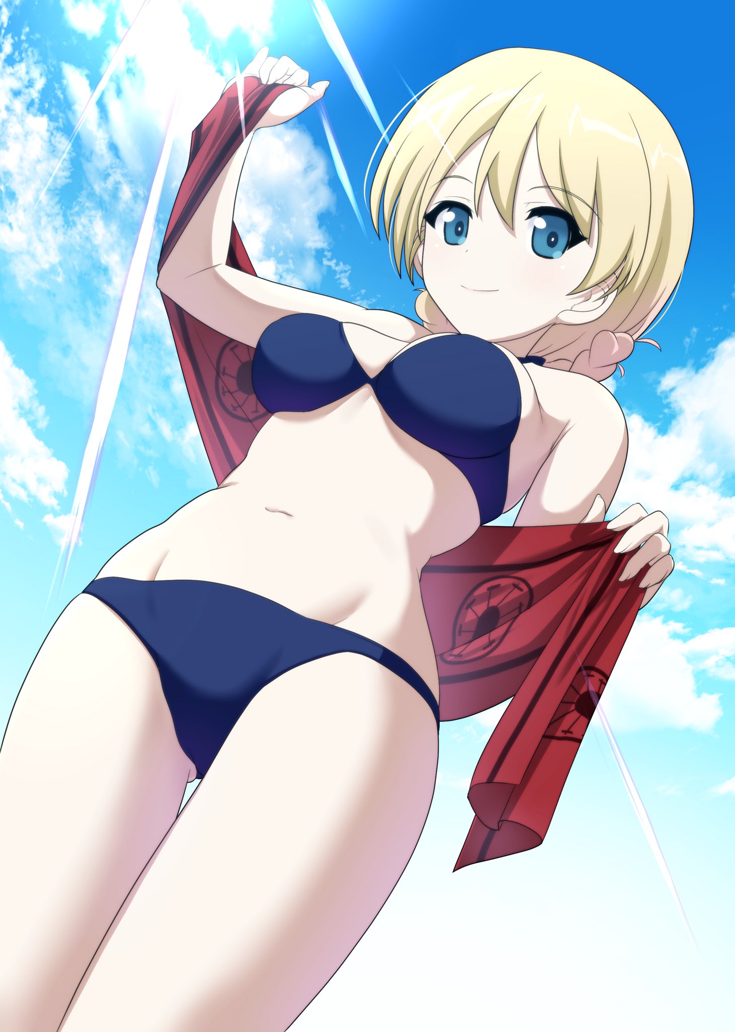 ass_visible_through_thighs bangs bikini blonde_hair blue_eyes blue_sky blue_swimsuit braid breasts closed_mouth cloud commentary_request darjeeling day dutch_angle excel_(shena) eyebrows_visible_through_hair from_below girls_und_panzer groin highres holding holding_towel light_rays looking_at_viewer medium_breasts navel navy_blue_bikini outdoors panjandrum red_towel short_hair sky smile solo standing swept_bangs swimsuit thigh_gap thighs tied_hair towel