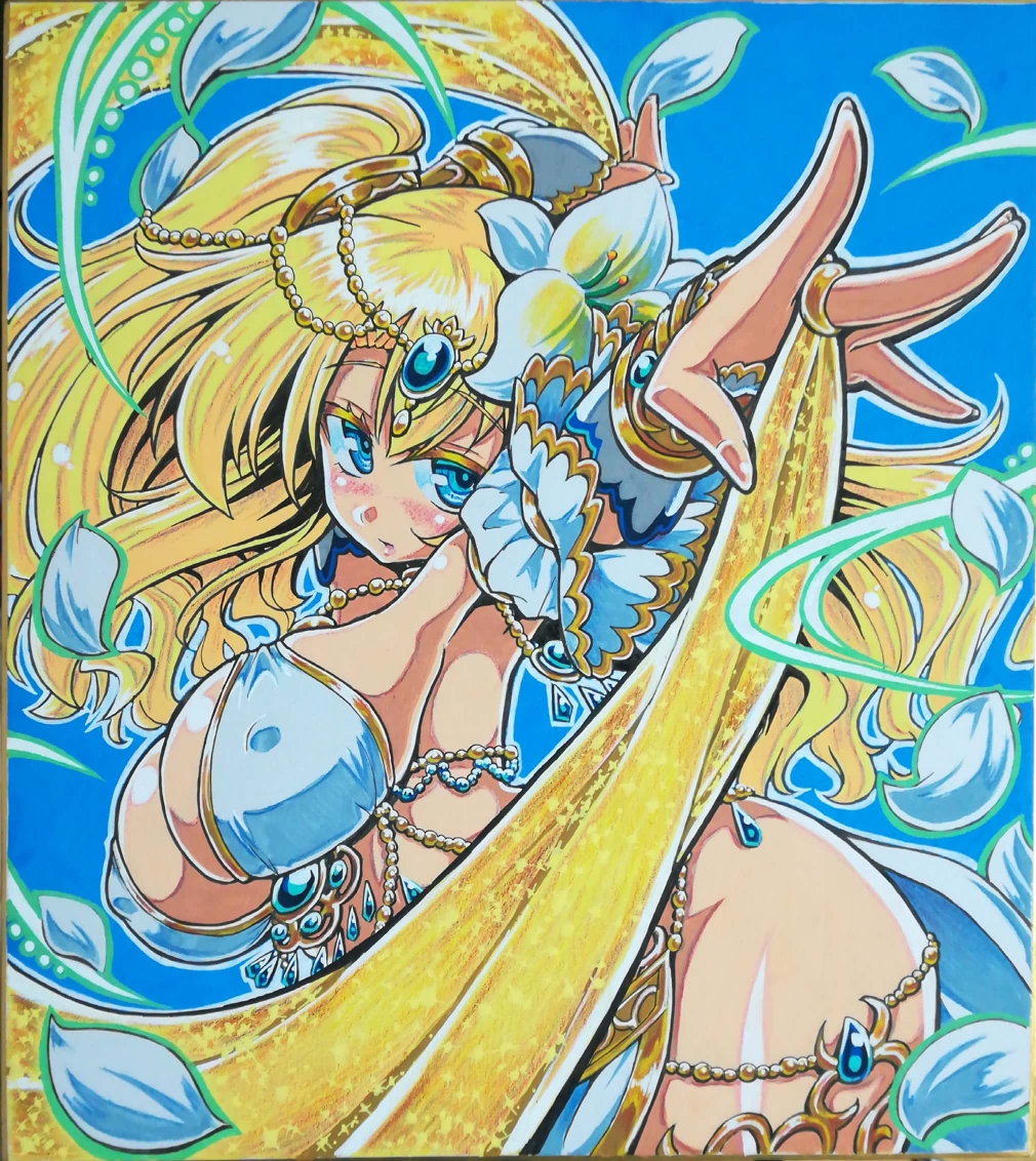arms_up bad_anatomy beads blonde_hair blue_background blue_eyes blush breasts cleavage covered_nipples dancing flower gem hair_beads hair_flower hair_ornament jewelry large_breasts leaning_forward looking_at_viewer marker_(medium) petals ring sennen_sensou_aigis solo soune1000 traditional_media vivian_(sennen_sensou_aigis)