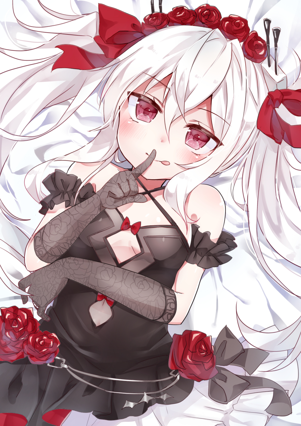 azur_lane bangs bare_shoulders bed_sheet black_dress bow breasts closed_mouth commentary_request criss-cross_halter dress dutch_angle elbow_gloves eyebrows_visible_through_hair gloves grey_gloves hair_between_eyes hair_bow hair_ornament halterneck highres index_finger_raised lace lace_gloves long_hair looking_at_viewer lying namekuji_(namekuzu) navel navel_cutout on_back red_bow red_eyes silver_hair small_breasts solo tongue tongue_out twintails vampire_(azur_lane) very_long_hair