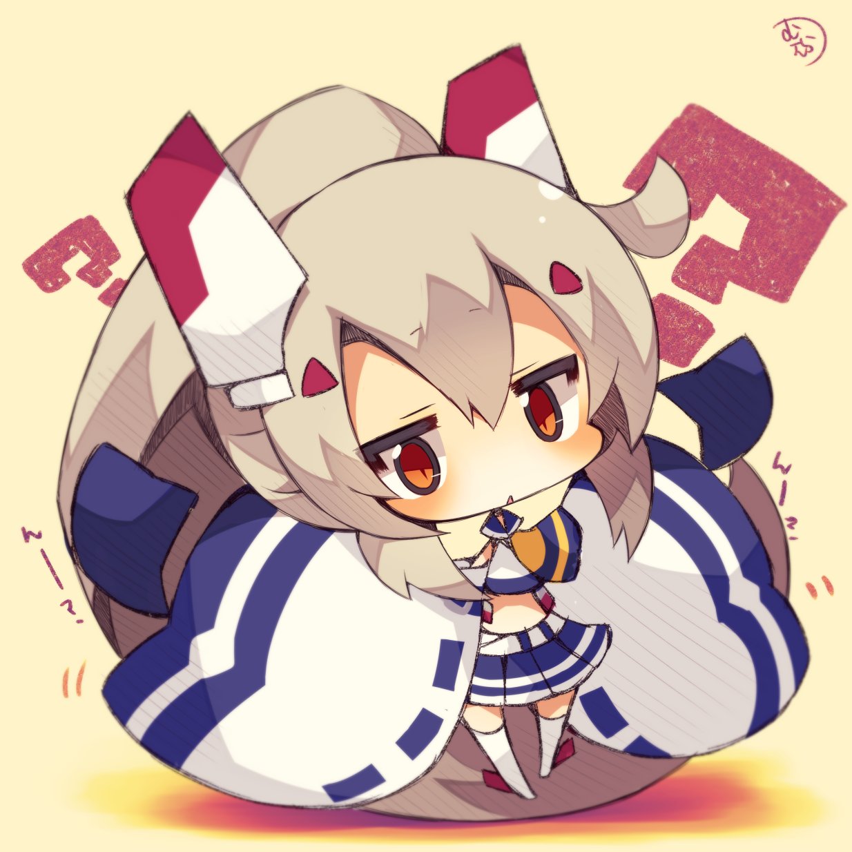 ? ayanami_(azur_lane) azur_lane bangs big_head blush chibi commentary_request eyebrows_visible_through_hair full_body hair_between_eyes hatching_(texture) highres jitome long_hair looking_at_viewer miniskirt muuran no_nose open_mouth parted_bangs pleated_skirt raised_eyebrows sepia short_eyebrows signature skirt solo thighhighs translation_request triangle_mouth very_long_hair
