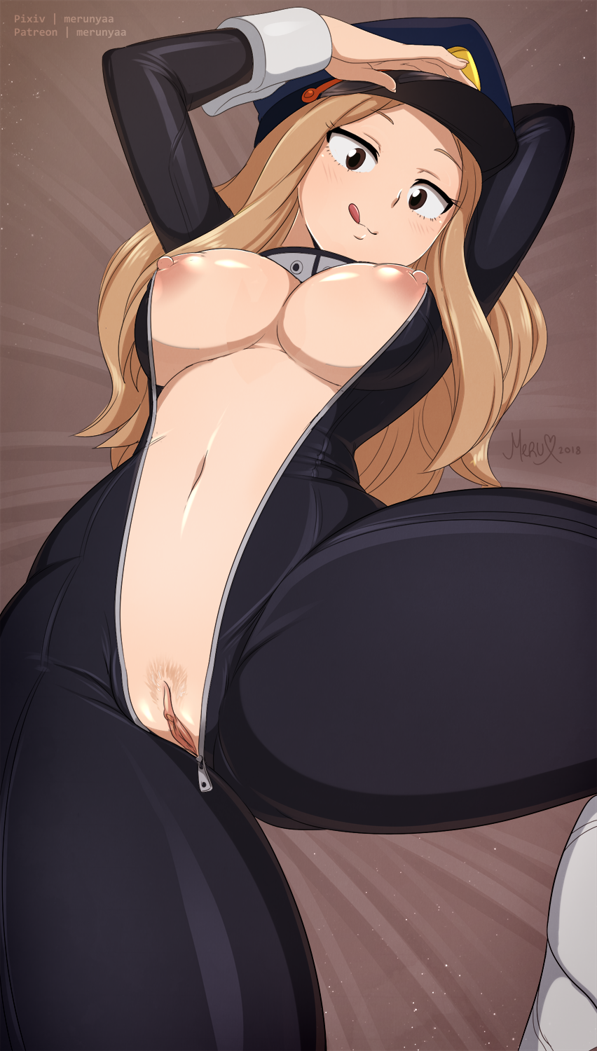 :q arms_up artist_name blonde_hair boku_no_hero_academia breasts brown_eyes catsuit from_below hat highres large_breasts licking_lips long_hair merunyaa nipples pubic_hair pussy solo tongue tongue_out unzipped utsushimi_kemii zipper