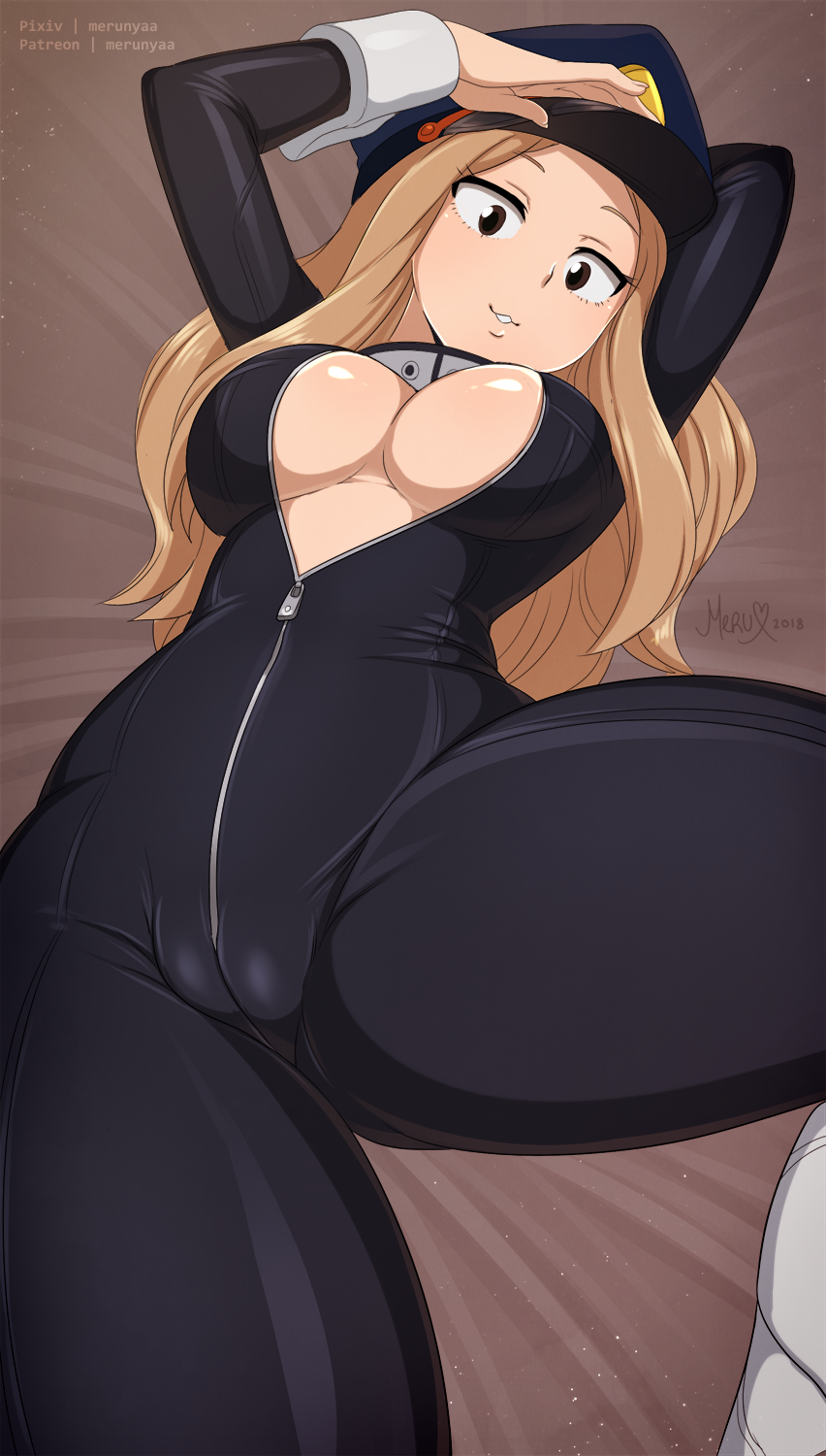 arms_up artist_name blonde_hair boku_no_hero_academia breasts brown_eyes cameltoe catsuit cleavage from_below hat highres long_hair merunyaa parted_lips solo unzipped utsushimi_kemii zipper