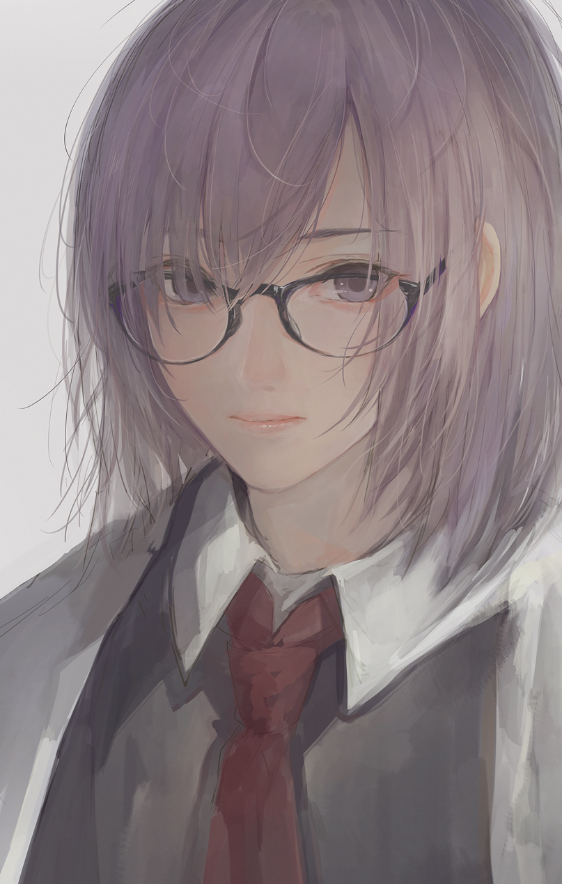 bangs black-framed_eyewear black_dress closed_mouth collared_dress commentary_request dress eyebrows_visible_through_hair fate/grand_order fate_(series) glasses grey_background grey_jacket hair_over_one_eye highres jacket looking_at_viewer marumoru mash_kyrielight necktie open_clothes open_jacket purple_eyes purple_hair red_neckwear simple_background solo upper_body