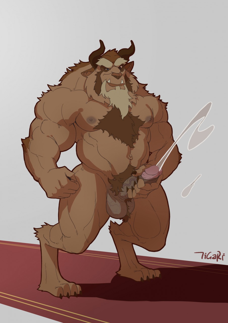 2016 4_toes anthro balls beard beast_(disney) beauty_and_the_beast biceps big_muscles body_hair brown_balls brown_fur brown_nipples brown_nose brown_penis chest_hair chest_tuft claws cum cumshot digital_drawing_(artwork) digital_media_(artwork) digitigrade disney ejaculation erection eyebrows facial_hair front_view full-length_portrait fur glans happy_trail horn humanoid_penis male mammal monster multicolored_fur muscular muscular_male navel nipples nude orgasm pecs penis portrait pubes signature simple_background smile solo standing tan_fur teeth tigari toe_claws toes tuft tusks uncut