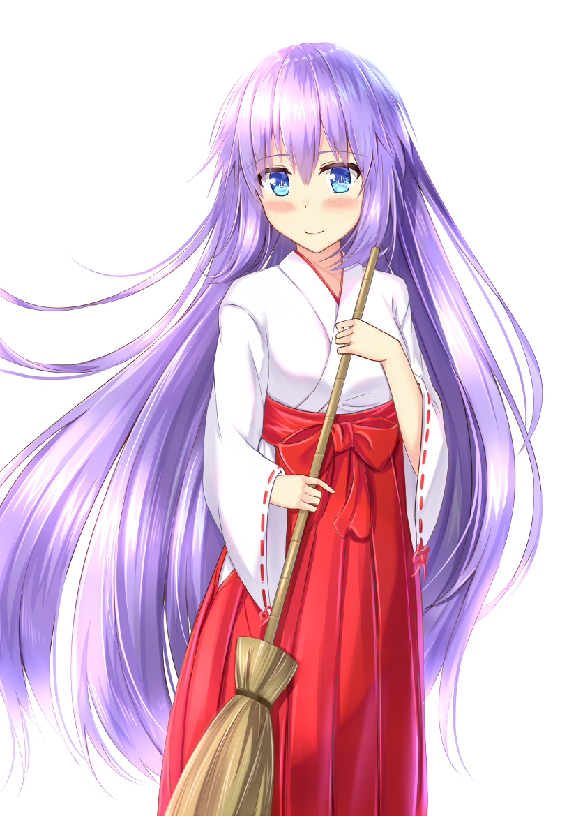 alternate_costume alternate_hairstyle blue_eyes blush broom hair_between_eyes holding holding_broom japanese_clothes kimono long_hair long_sleeves looking_at_viewer miko muwa12 neptune_(series) power_symbol purple_hair purple_heart simple_background smile solo symbol-shaped_pupils very_long_hair white_background white_kimono wide_sleeves