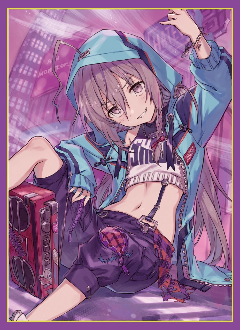 ahoge blush boombox border bracelet braid building commentary_request crop_top eyebrows_visible_through_hair feet_out_of_frame grey_eyes grey_hair grin hair_ribbon highres hood hooded_jacket hoshi_shouko idolmaster idolmaster_cinderella_girls jacket jewelry long_hair looking_at_viewer midriff navel necklace open_clothes open_jacket paperclip purple_border ribbon shorts side_braid sign single_braid sitting skyscraper smile solo stereo sticker suspenders tamaext teeth unzipped zipper