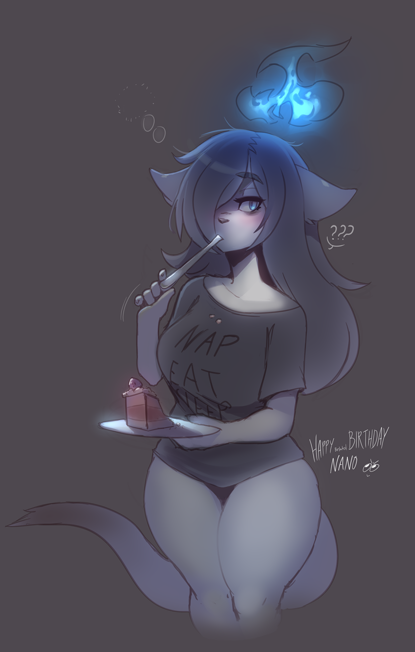 ? blue_eyes blush bottomless breasts cake clothed clothing eating feline female fire food fork grey_background hair hair_over_eye holding_plate kanel long_hair mammal plate portrait shirt simple_background solo standing thick_thighs three-quarter_portrait